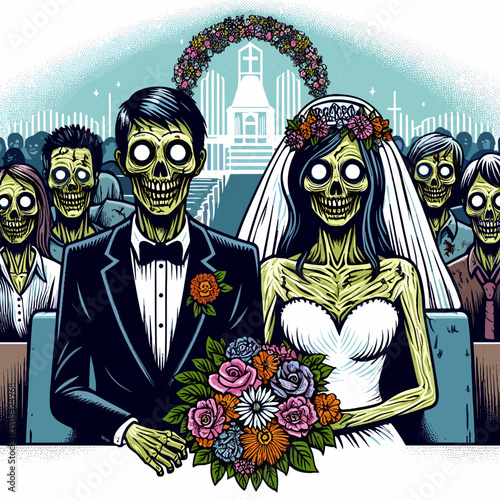 Zombie couple getting married with guests in a church background