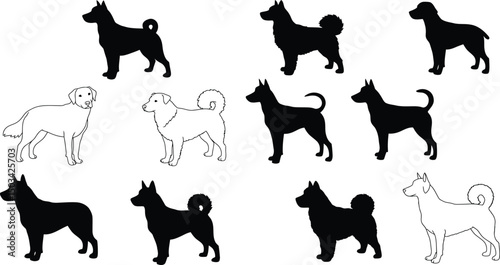 Diverse Dog Breed Silhouettes Collection: Standing Canine Profiles, Pet Animal Icons. AI Generative
