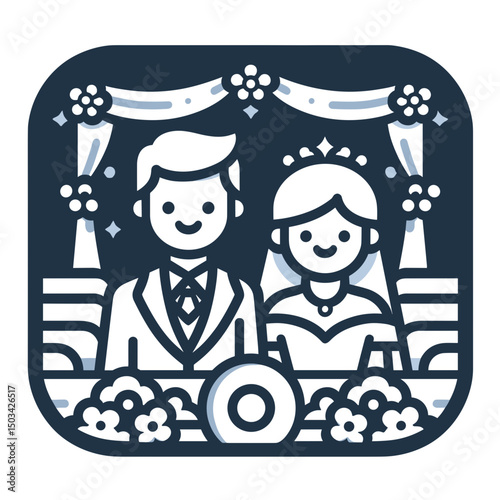 Newlywed couple smiling at wedding altar with floral decorations concept of mandala  