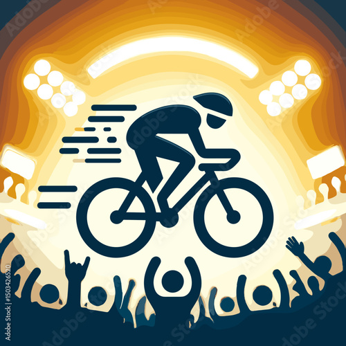 Cyclist racing in front of cheering crowd under bright stadium lights  
