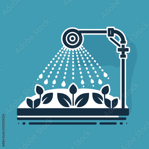 Garden watering system with plants under a water spray nozzle  