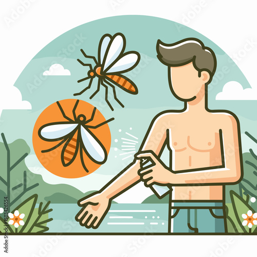 Young man applying insect repellent while outdoors near water  