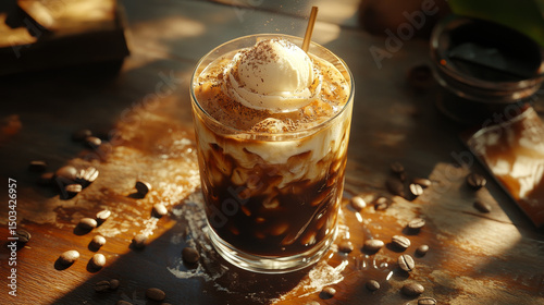 A chilled iced coffee topped with vanilla ice cream and surrounded by scattered coffee beans, crafted as a perfect summer refreshment