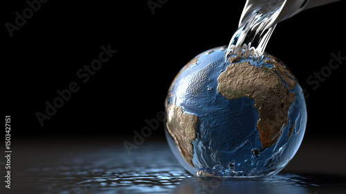 Glass Earth globe with flowing water being poured over it, symbolizing the importance of water conservation and environmental protection