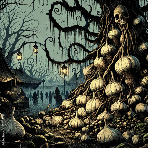 Dark and spooky tree with skull and pumpkins in eerie village setting  