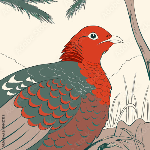 Vector illustration of a crimson-headed partridge, showcasing its vivid red head and dark plumage, native to Borneo's montane forests