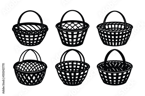 Woven wicker basket with colorful Easter eggs, isolated on a white background, a traditional handmade decorative object