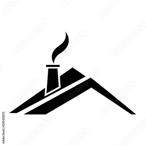 Roof silhouette with chimney and smoke rising in black design  