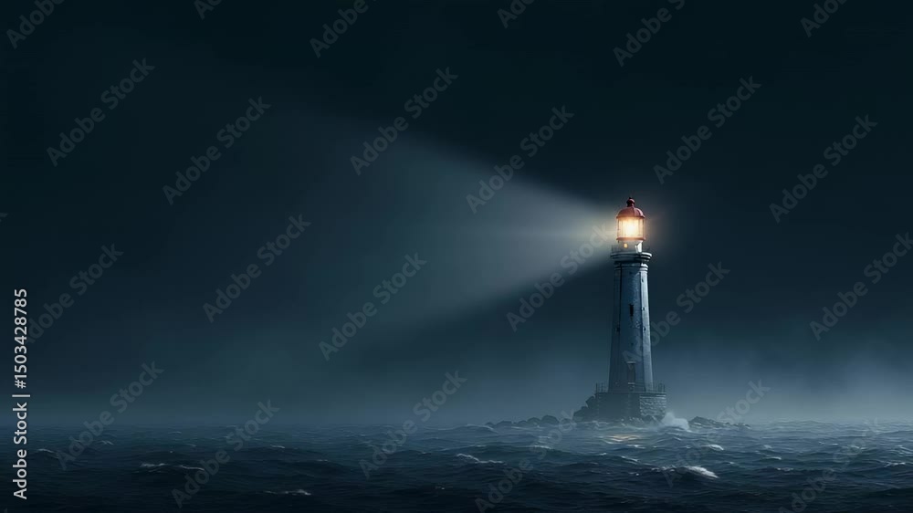 Lighthouse shining through dark stormy sea with beam of light cutting ...
