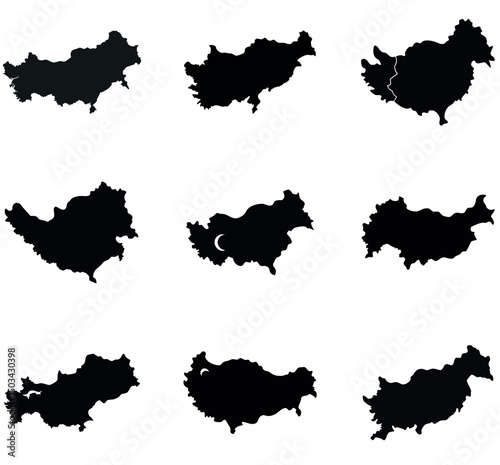Turkey Map Silhouette Bundle - Black and White Turkey  Vector Shapes for Geography and Education