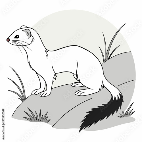 Elegant vector of a stoat in its white winter coat, standing alert in a snowy forest—perfect for wildlife, seasonal, or nature-themed designs