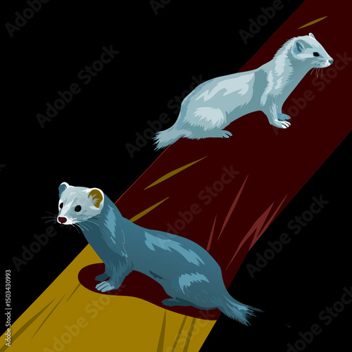 Elegant vector of a stoat in its white winter coat, standing alert in a snowy forest—perfect for wildlife, seasonal, or nature-themed designs