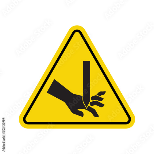 cutting hazard warning sign with hand and sharp object in yellow triangle
