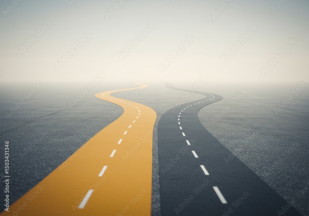 Fototapeta premium Diverging Paths A conceptual image featuring two distinct, winding roads – one vibrant yellow and the other dark grey with white dashed lines.