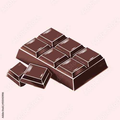 Chocolate bar pieces isolated on white background, sweet dessert