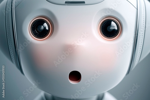 Cute humanoid robot with expressive surprised face and large round eyes, symbolizing friendly artificial intelligence and emotional robotics