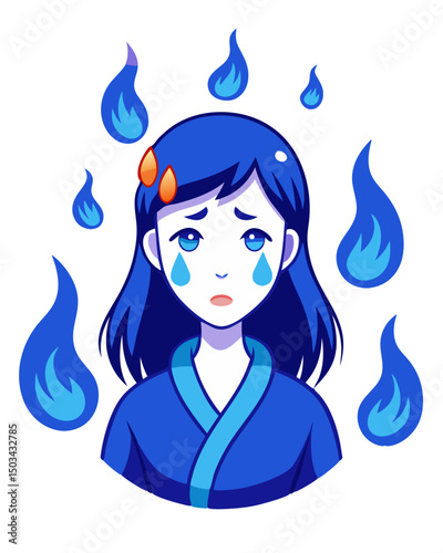  sad young Japanese girl with blue hitodama spirit flames floating around her, crying blood, traditional horror vector, isolated on white
