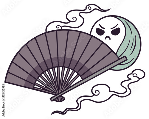  haunted Japanese folding fan with ghostly face and smoky aura, old pattern fading into eerie shapes, vector horror concept on white
