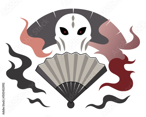  haunted Japanese folding fan with ghostly face and smoky aura, old pattern fading into eerie shapes, vector horror concept on white
