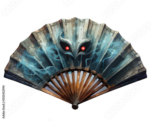  haunted Japanese folding fan with ghostly face and smoky aura, old pattern fading into eerie shapes, vector horror concept on white
