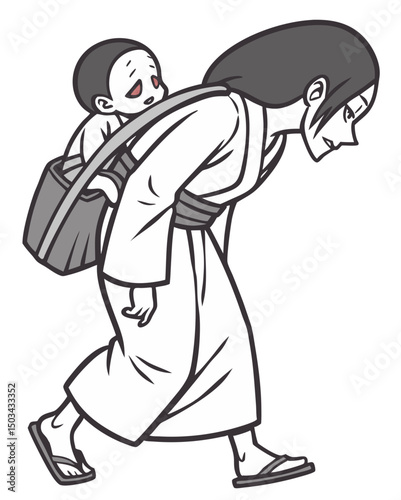  silent Japanese ghost woman in white yukata carrying ghost baby on her back, both staring blankly, horror vector illustration on white
