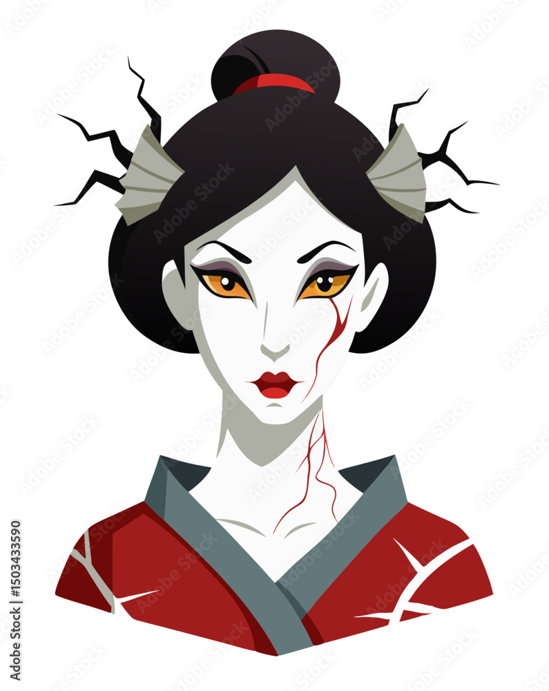 geisha with unnaturally twisted neck and demonic eyes, makeup cracked, horror-inspired traditional vector style, isolated on white
geisha with unnaturally twisted neck and demonic eyes, makeup cracked, horror-inspired traditional vector style, isolated on white