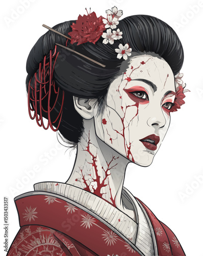  geisha with unnaturally twisted neck and demonic eyes, makeup cracked, horror-inspired traditional vector style, isolated on white
