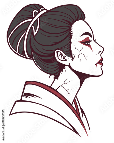  geisha with unnaturally twisted neck and demonic eyes, makeup cracked, horror-inspired traditional vector style, isolated on white
