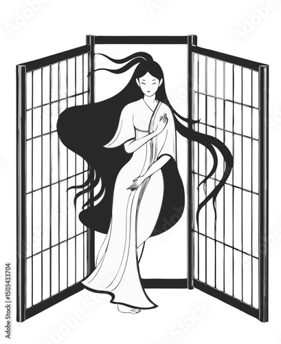  eerie female spirit phasing through a Japanese byōbu folding screen, half visible, traditional haunted scene vector on white background
