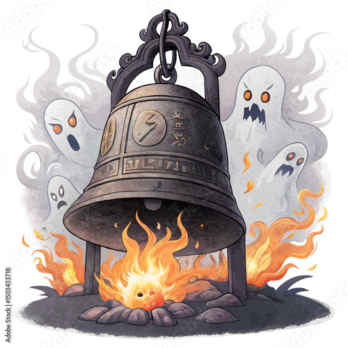  cursed Japanese bell surrounded by suffering ghostly faces and spiritual flames, horror vector scene, isolated on white background
