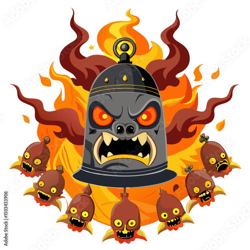  cursed Japanese bell surrounded by suffering ghostly faces and spiritual flames, horror vector scene, isolated on white background
