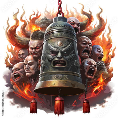 cursed Japanese bell surrounded by suffering ghostly faces and spiritual flames, horror vector scene, isolated on white background
