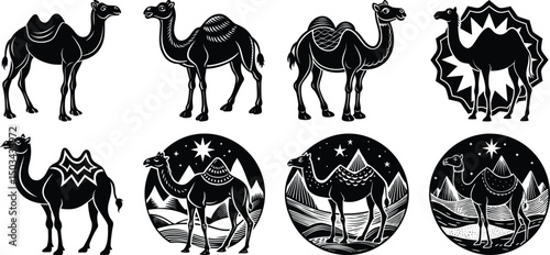 Man leading camels in a desert toward a futuristic city
set on a white background