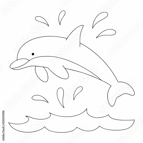 Dolphin under a waterfall coloring page simple and minimal line art illustration on white background