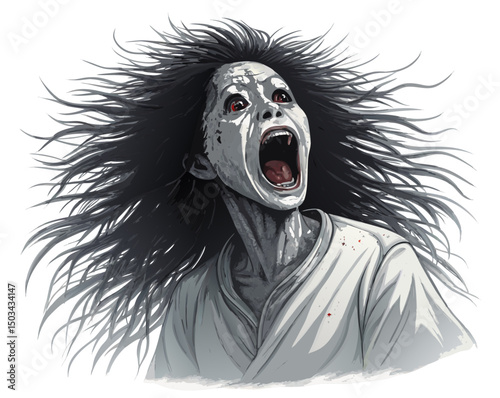  horrifying Japanese ghost with eyeless face and wide open mouth screaming, hair standing up wildly, traditional horror vector art isolated on white background
