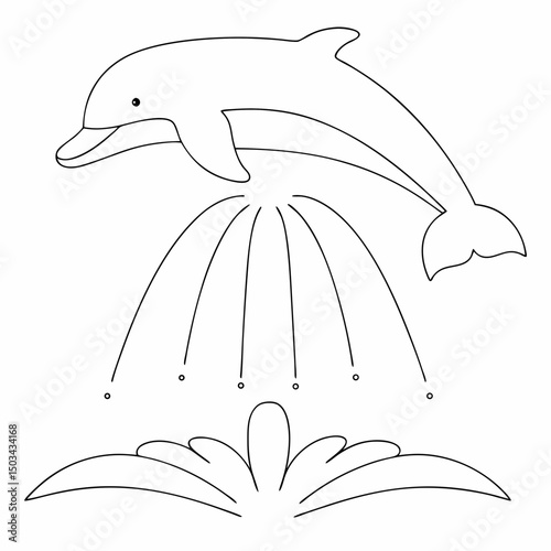 Dolphin under a waterfall coloring page simple and minimal line art illustration on white background