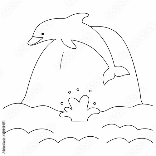 Dolphin under a waterfall coloring page simple and minimal line art illustration on white background
