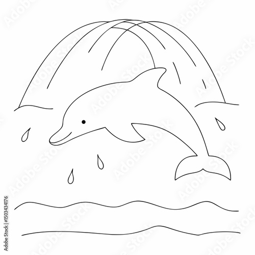 Dolphin under a waterfall coloring page simple and minimal line art illustration on white background