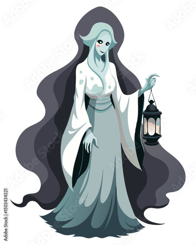  pale ghost woman in funeral kimono holding old candle lantern, standing silently in dark atmosphere, horror vector style, white background
