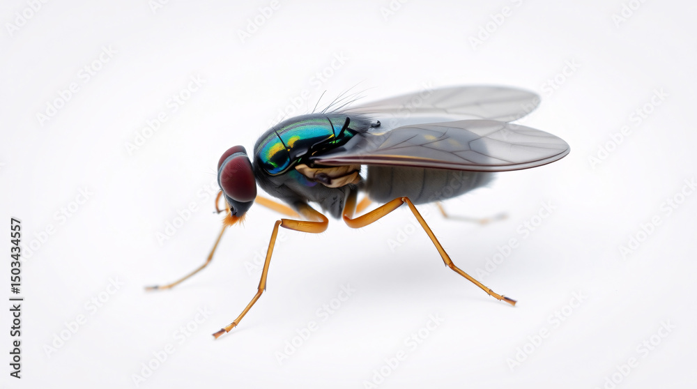 Naklejka premium Close-up of a fly with detailed wings and legs on a plain background.