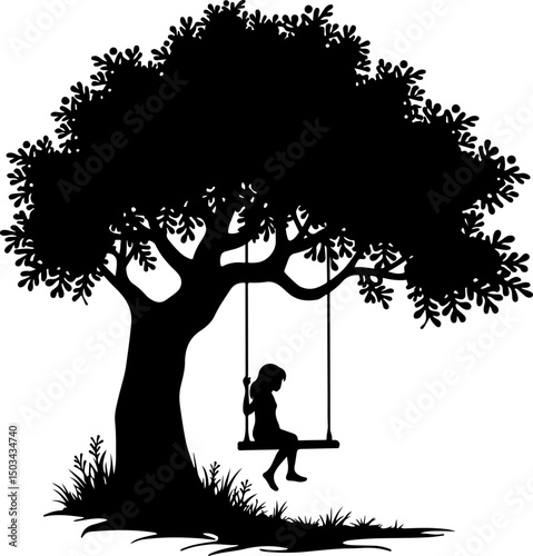 Child on Tree Swing Silhouette vector