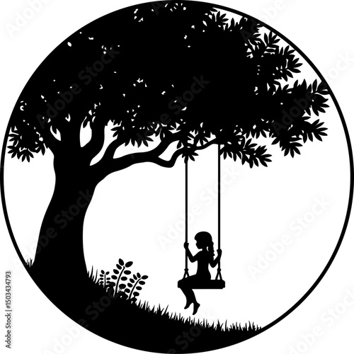 Child on Tree Swing Silhouette vector