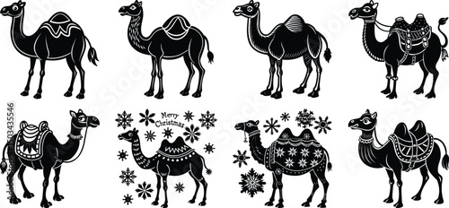 Man leading camels in a desert toward a futuristic city
set on a white background