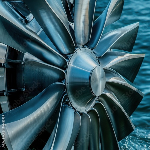 A closeup of a tidal energy turbine for World Tidal Energy Day Focus on the turbine blades