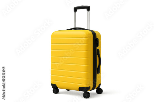 Bright yellow suitcase with durable wheels, perfect for travel adventures, emphasizing style and portability, copy-space available. Isolated on white background or PNG