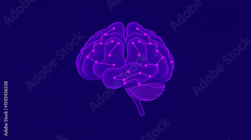 Purple glowing 3D brain model with intricate neural network details.
