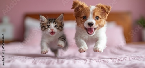 Adorable kittens and puppies playing on a bed