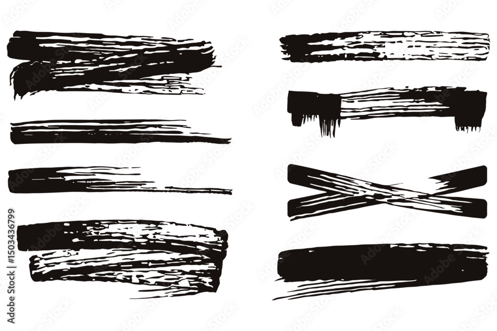 Paint brush and grunge stroke graphic set. Black and white Brush stroke isolated on white background, spray effect, splashes, drops, paint drips. Vector graphic collection