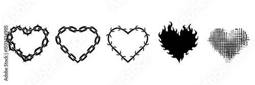 Y2k set of hearts - burning, from a chain, from a barbed wire, from cracks, from thorny bushes, wireframe, pixel and others. Hearts in different styles Isolated set