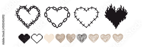 Y2k set of hearts - burning, from a chain, from a barbed wire, from cracks, from thorny bushes, wireframe, pixel and others. Hearts in different styles Isolated set